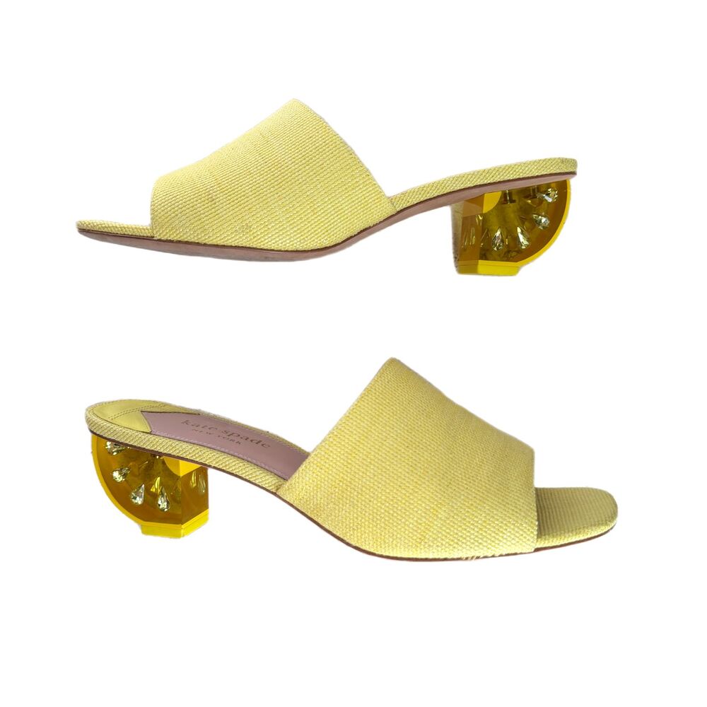 Kate Spade 10.5 Citrus Zing Slides Unique Heel Sandals Lemon Yellow Raffia Fun!